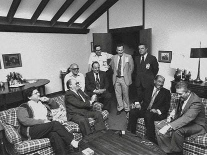 A meeting at Camp David of Egyptian President Anwar Sadat and Israeli Prime Minister Menachem Begin and their aides at Camp David, Maryland, September 7, 1978.