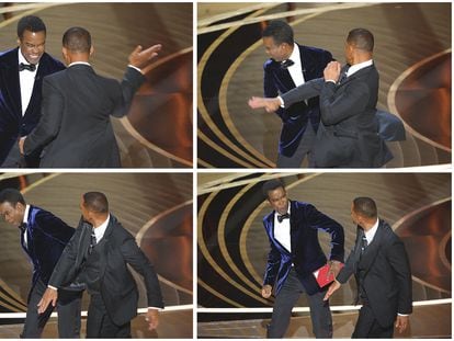 Will Smith gets on the stage at last night's Oscars to slap Chris Rock.