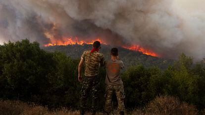 Flames burn a forest in Sykorrahi, in the northeast of the Evros region of Greece, on August 23, 2023.