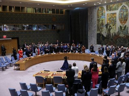 The members of the Security Council observe a minute of silence for the victims of the Moscow attack, this Monday.