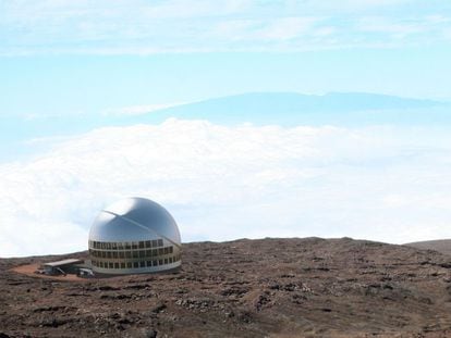 An artist's rendition of what the giant TMT telescope would look like atop the Mauna Kea.