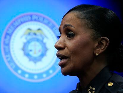 Memphis Police Director Cerelyn Davis speaks during an interview with The Associated Press in Memphis, Tenn., Friday, Jan. 27, 2023.