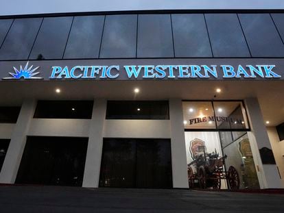 A Pacific Western Bank branch is seen Wednesday, May 3, 2023, in Thousand Oaks, Calif.