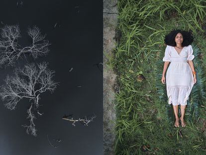 Left: dead trees dry and rot in the water after the flooding of the Xingú River for the construction of the Belo Monte dam. Right: Daniela Silva poses for a portrait laying on the former site of her house in the Altamira baixões.