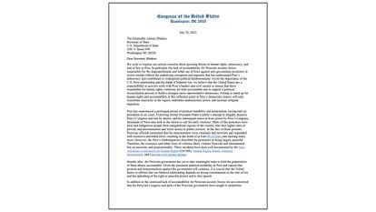 The first page of the letter from the group of Democratic congresspeople to Secretary of State Antony Blinken.