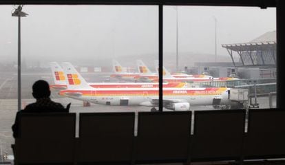 Iberia planes parked at Madrid’s Terminal 4 at Barajas International Airport.
