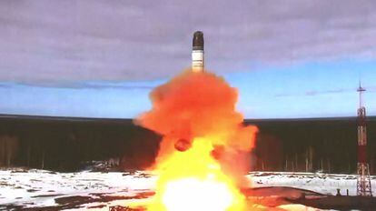 Still from a video released by Russia in April 2022 after the launch of a nuclear-capable ballistic missile.