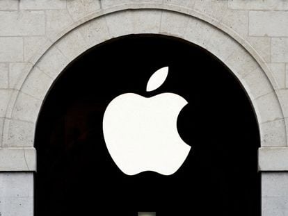Apple logo is seen on the Apple store at The Marche Saint Germain in Paris, France July 15, 2020.