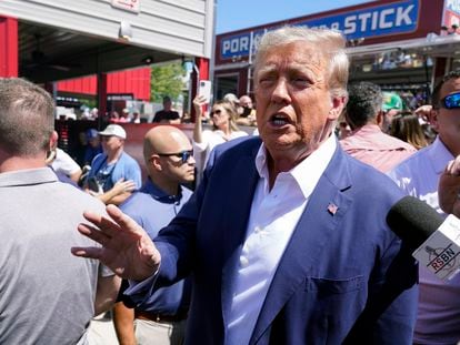 Republican presidential candidate former President Donald Trump speaks as he visits the Iowa State Fair, Saturday, Aug. 12, 2023, in Des Moines, Iowa.