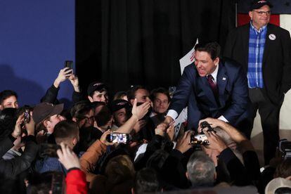 Florida Governor and Republican presidential candidate Ron DeSantis greets his supporters at his Iowa caucus watch party in West Des Moines, Iowa, US, January 15, 2024.