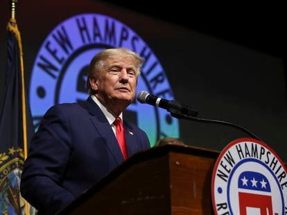 Former President Donald Trump speaks during the New Hampshire Republican State Committee 2023 annual meeting, Saturday, Jan. 28, 2023, in Salem.
