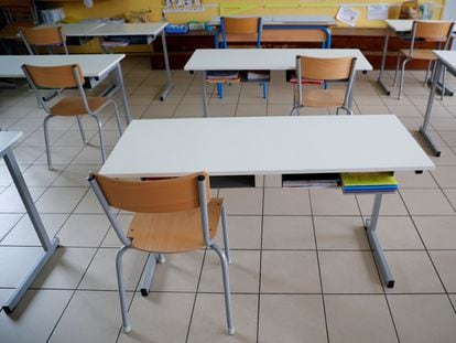 A classroom in Saint-Sebastien-sur-Loire, France, that has been prepared for social distancing of students.