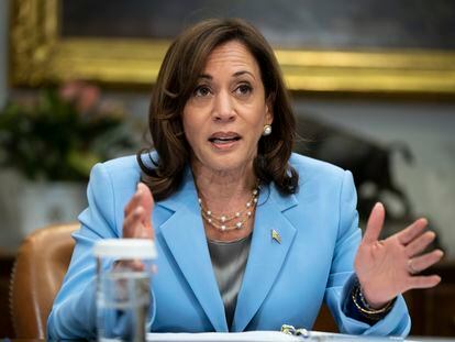 Vice President Kamala Harris speaks during a meeting with a task force on reproductive health care access, in the Roosevelt Room of the White House, on April 12, 2023.