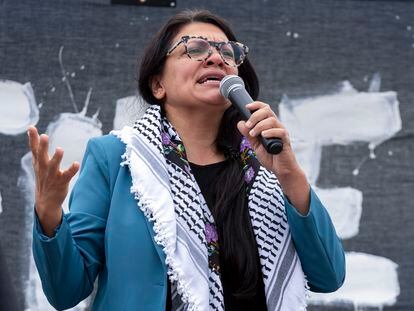 Rep. Rashida Tlaib, D-Mich., speaks during a rally at the National Mall during a pro-Palestinian demonstration in Washington, Oct. 20, 2023.