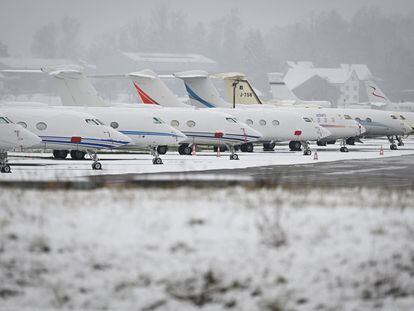 Private planes parked at Dubendorf airport, in Switzerland, during the Davos summit held in January.