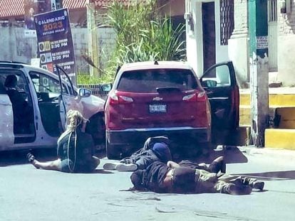 Four people on the ground during the shooting in Matamoros last Friday, in a photograph shared on social media.