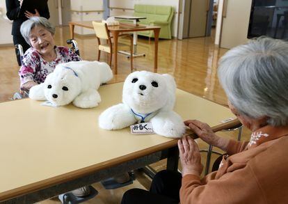 Two therapeutic robots – provided by the company PARO – in a nursing home in Yokohama, Japan. They are designed to stimulate patients with dementia and Alzheimer's 