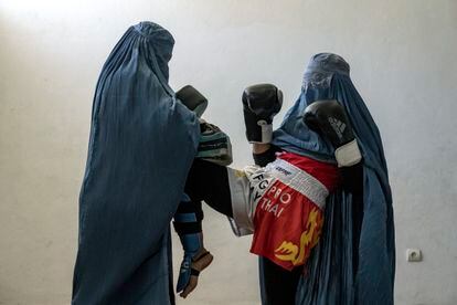 Afghan women who practice Muay Thai, or Thai boxing, pose for a photo in Kabul. Mushwanay, a spokesman of the Taliban’s Sports Organisation and National Olympic Committee, said authorities are looking for a way to restart sports for women by building separate sport venues. But he gave no timeframe, and said extra funds were needed. Taliban authorities have repeatedly made similar promises to allow girls from the age of around 12 and upwards to return to school, but have still not done so.