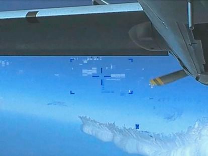 This photo taken from video released by the US Department of Defense on Thursday, March 16, 2023, shows a Russian Su-27 exhaust, after the jet approached the back of the MQ-9 drone over the Black Sea.