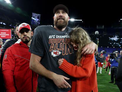 Travis Kelce and Taylor Swift celebrate the Kansas City Chiefs' victory on January 28 in Baltimore, Maryland.