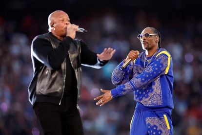 (l-r) Dr. Dre and Snoop Dogg during the halftime show of Super Bowl LVI at SoFi Stadium.