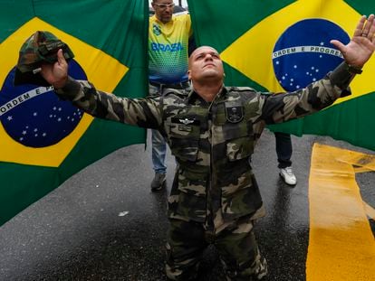 A Bolsonaro supporter in Rio de Janeiro protests his electoral defeat; November 2023.