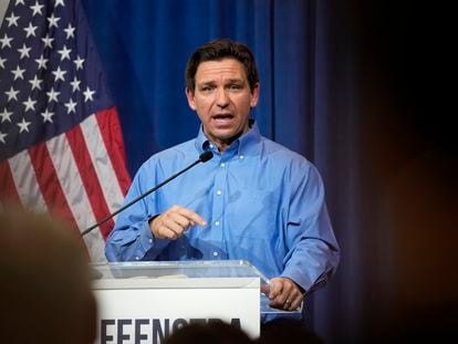 Florida Gov. Ron DeSantis speaks during a fundraising picnic for U.S. Rep. Randy Feenstra, on May 13, 2023, in Sioux Center, Iowa.