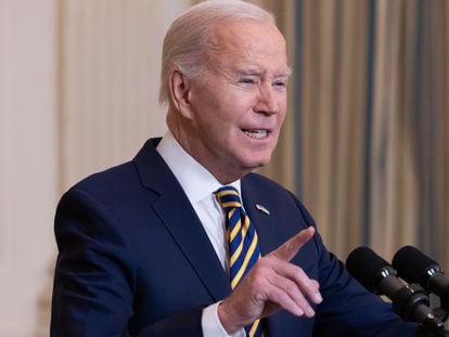 US President Joe Biden delivers remarks urging Congress to pass the Emergency National Security Supplemental Appropriations Act, at the White House in Washington, DC. February 06, 2024.