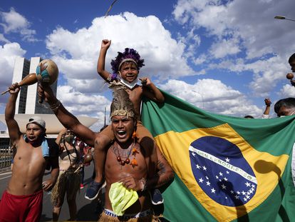 Indigenous people demonstrate against the Bolsonaro government, in Brasilia, in September 2021.