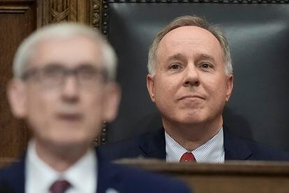 Speaker of the Wisconsin Assembly Robin Vos watches as Governor Tony Evers speaks during the State of the State address, on January 24, 2023, in Madison.
