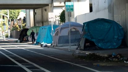 A homeless encampment under an overpass in Oakland, California, September 14, 2023.