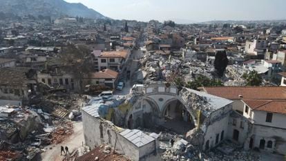 Aerial photo of the historic Turkish city shows the scale of destruction and devastation caused by two powerful earthquakes that struck the country and neighboring Syria, in Antakya, southern Turkey, Saturday, Feb. 11, 2023. Thousands of buildings collapsed.