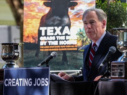 Texas Governor Greg Abbott at a press conference on Economic Development at the Governor's Mansion in Austin, Texas, USA, 01 November 2023.