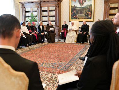 Pope Francis addresses a meeting with the members of Pontifical Commission for the Protection of Minors at the Vatican, May 5, 2023.