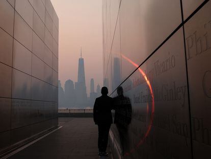 Haze and smoke from Canadian wildfires shrouds the Manhattan skyline in New York.