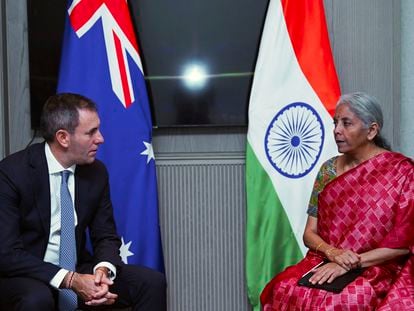 In this handout photo released by Indian Finance Ministry, Australia's Treasurer Jim Chalmers, left, meets with Indian Finance Minister Nirmala Sitharaman on the sidelines of G-20 financial conclave on the outskirts of Bengaluru, India, Saturday, Feb. 25, 2023.