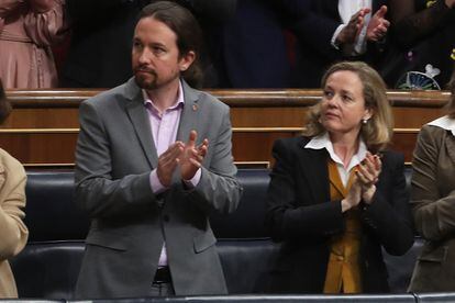 Unidas Podemos leader Pablo Iglesias and Finance Minister Nadia Calviño in Congress in February.