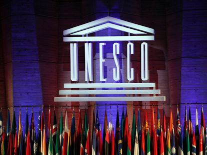 The logo of the United Nations Educational, Scientific and Cultural Organisation (UNESCO) is seen during the 39th session of the General Conference at the UNESCO headquarters in Paris.