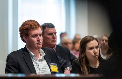Buster Murdaugh, left, son of Alex Murdaugh, sits during his father's double murder trial at the Colleton County Courthouse in Walterboro, S.C., on Friday, Feb. 3, 2023.