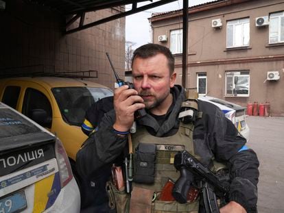 Mikhailo Vershinin, head of Mariupol's Police Patrol speaks by a radio on his base in Mariupol, Ukraine, Tuesday, March 15, 2022.