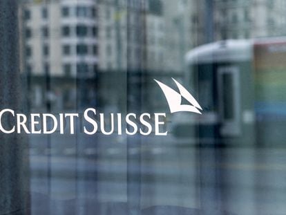A logo is pictured on the Credit Suisse bank in Geneva, Switzerland, February 22, 2023.