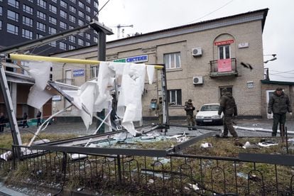 An area in Kyiv that was reportedly hit by a projectile launched by a Russian military plane.