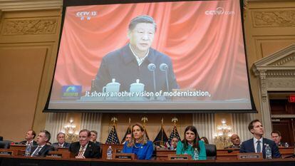 Members of the House Select Committee on the Chinese Communist Party watch an introduction video about Chinese leadership during a hearing in Washington, US, February 28, 2023.