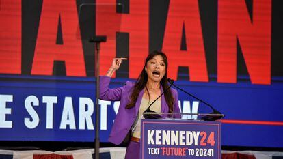 Nicole Shanahan speaks as she becomes the vice presidential candidate of independent presidential candidate Robert F. Kennedy, Jr., in Oakland, California., U.S., March 26, 2024.