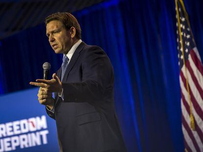 Ron DeSantis, governor of Florida, speaks during a Freedom Blueprint event in Des Moines, Iowa, on March 10, 2023.