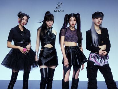 The four virtual members of the South Korean pop group MAVE:.