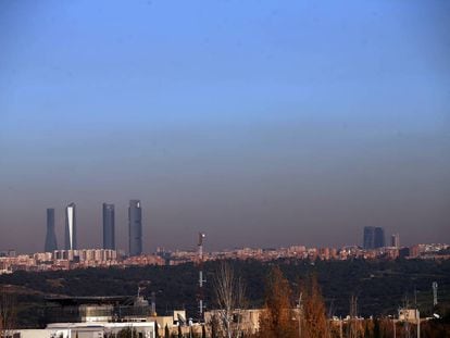 The Madrid skyline, visible through the smog.
