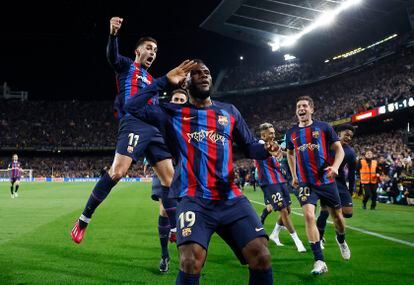 FC Barcelona's Franck Kessie celebrates scoring their second goal.