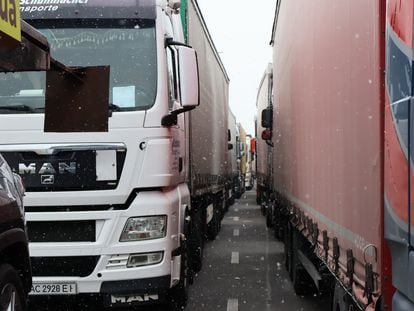 Line of trucks waiting to cross from Poland into Ukraine through Medyka, on November 26.