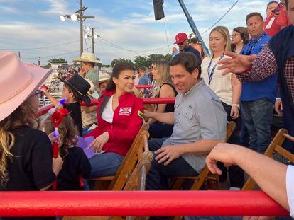 Republican presidential candidate Florida Gov. Ron DeSantis, his wife, Casey, and their children attend a rodeo in Ponca, Okla.
